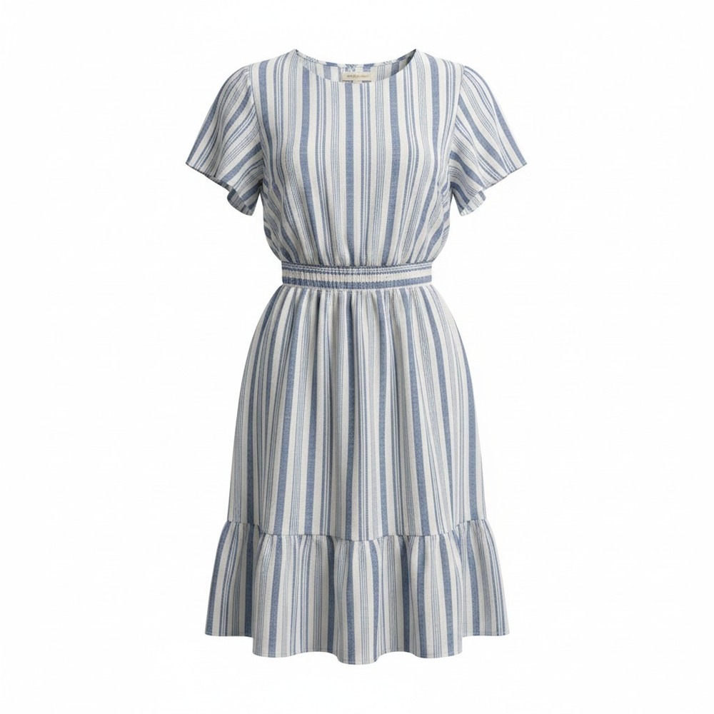Monteau Striped Dress Womens XS Blue White Smocked Flutter Sleeve V-Neck
